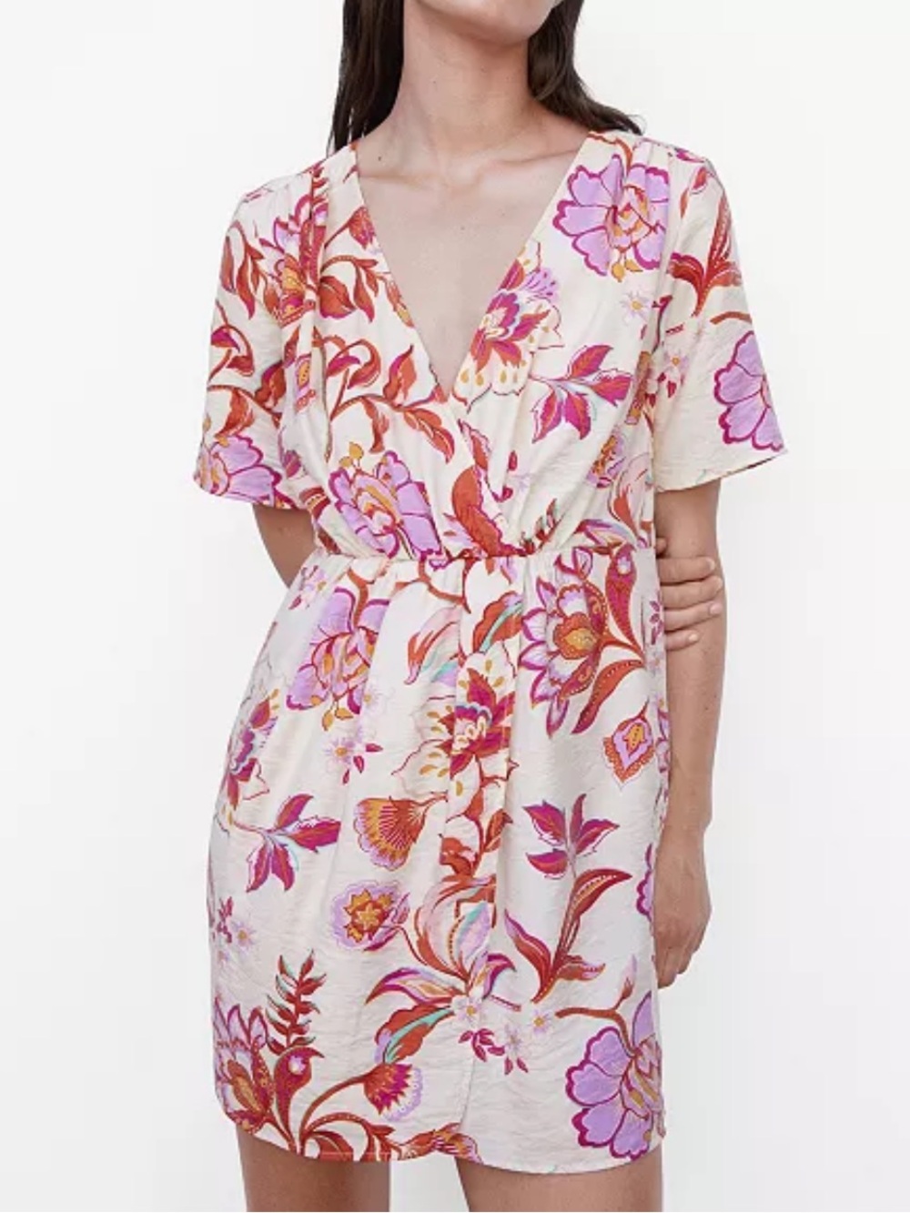 NEW Mango Floral Faux Wrap Mini‎ Dress Short Sleeves Purple Beige Red Size 4